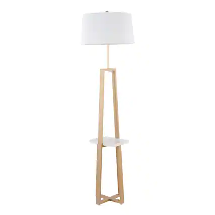 Front. Loheer - Loheer Contemporary Shelf Floor Lamp Gold Metal and White Marble Base with Linen Shade Modern Standing Lamp - Gold.