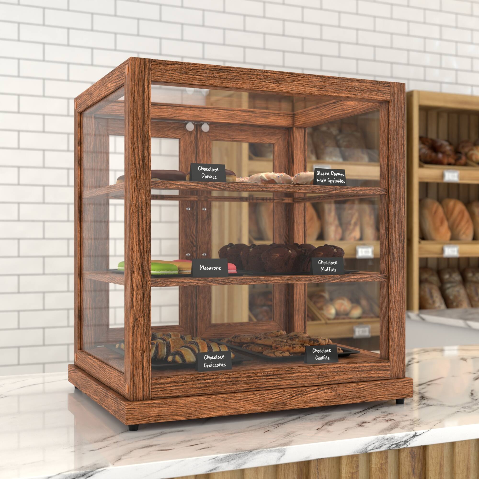 Chocolate Domes  
Glazed Domes with Sprinkles  
Macarons  
Chocolate Muffins  
Chocolate Criscones  
Chocolate Cookies