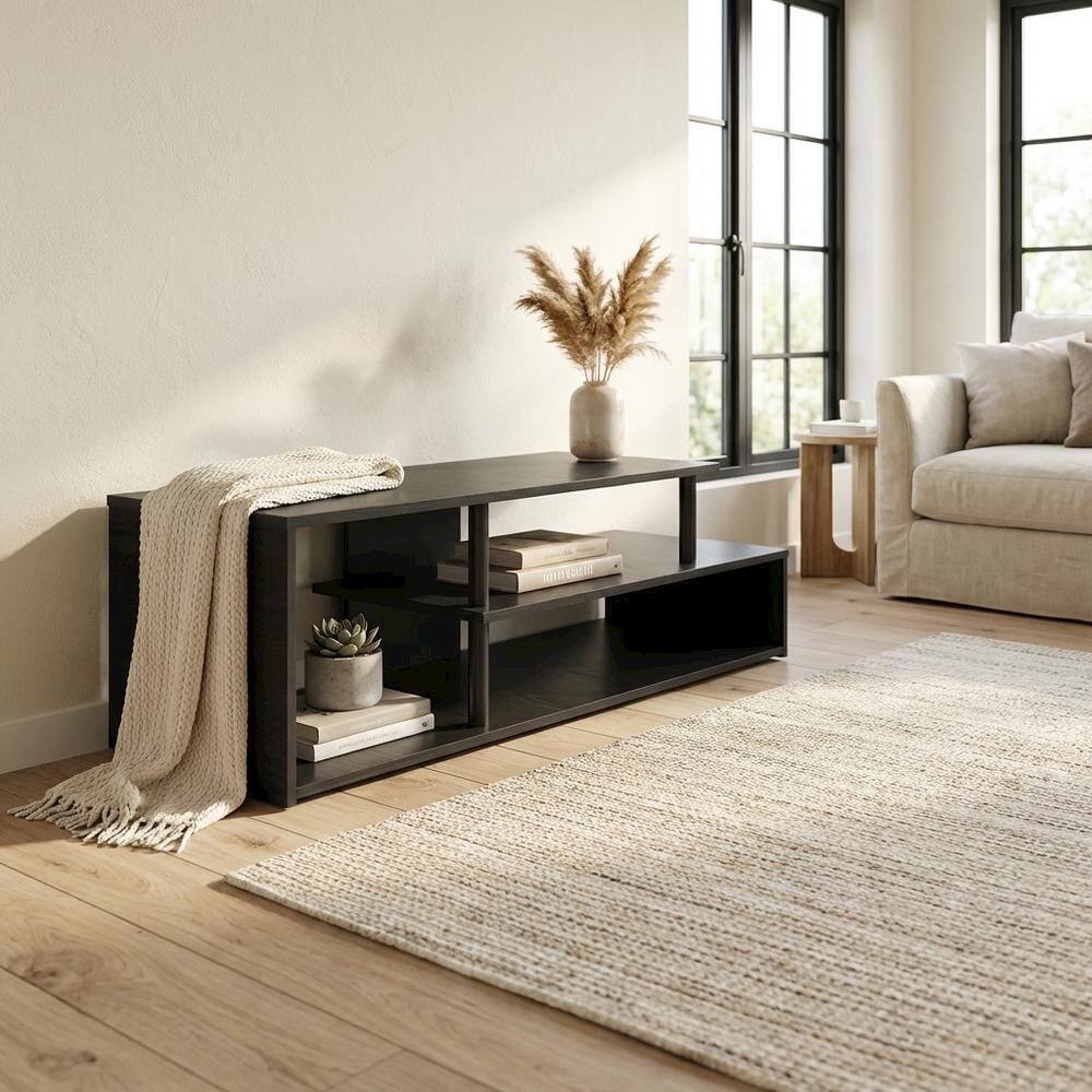 Alt View 2. FurniFact - Low Profile TV Stand in Black Wood Finish with Composite Construction - Black.