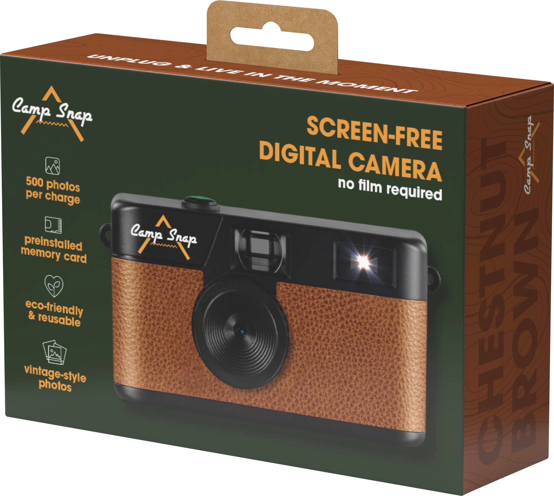 Sure, here is the corrected and grouped text from the image:

---

**Camp Snap**

**SCREEN-FREE DIGITAL CAMERA**  
no film required

- 500 photos per charge
- preinstalled memory card
- eco-friendly & reusable
- vintage-style photos

**CHESTNUT BROWN**

---

**UNALUO & LIVE IN THE MOMENT**