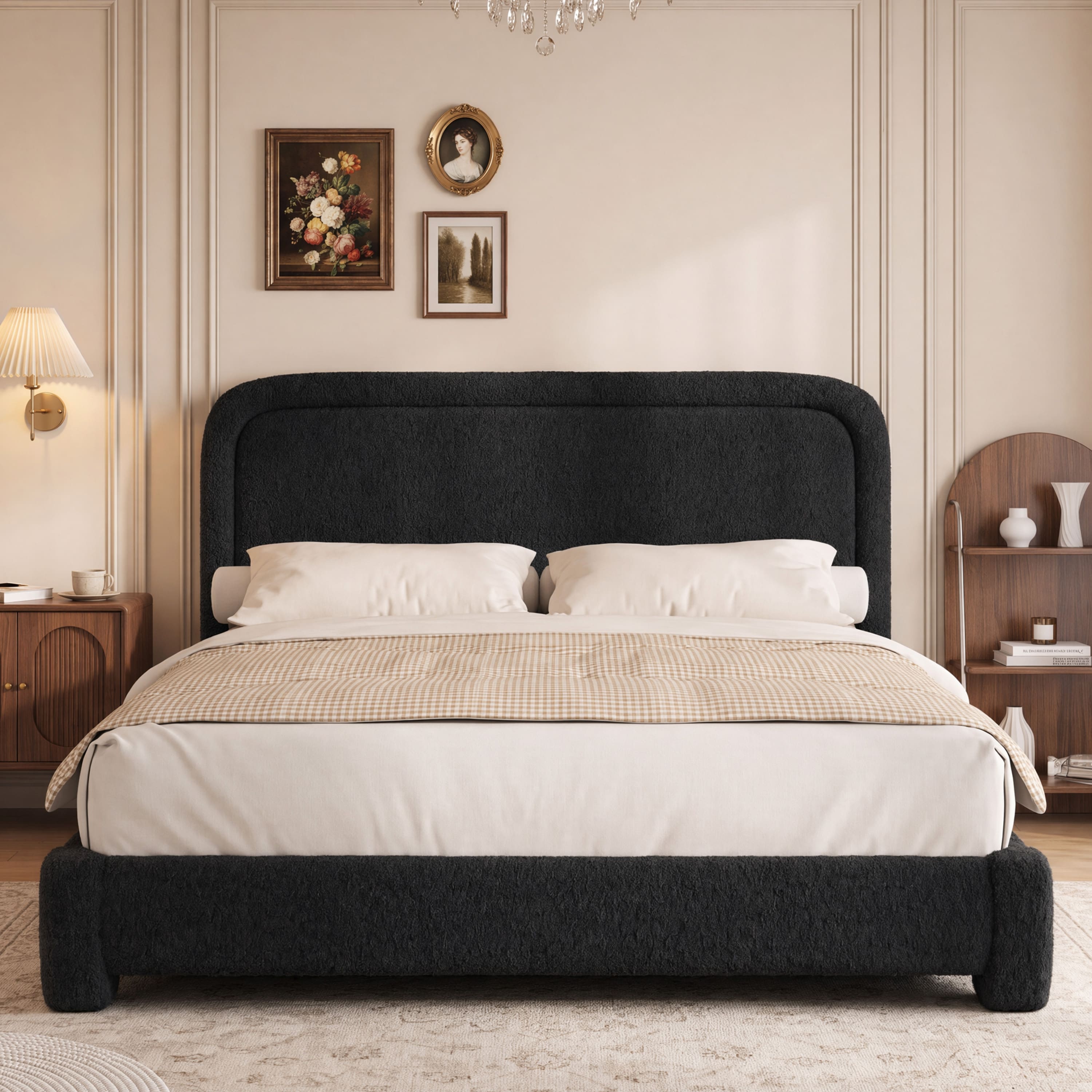 Vipbear - F/Q/K Upholstered Bed Frame with Adjustable Headboard, Curved Sherpa Platform Bed Frame, No Box Spring Required - Black price history on PriceWatchPro