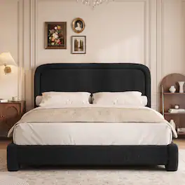 Vipbear - F/Q/K Upholstered Bed Frame with Adjustable Headboard, Curved Sherpa Platform Bed Frame, No Box Spring Required - Black