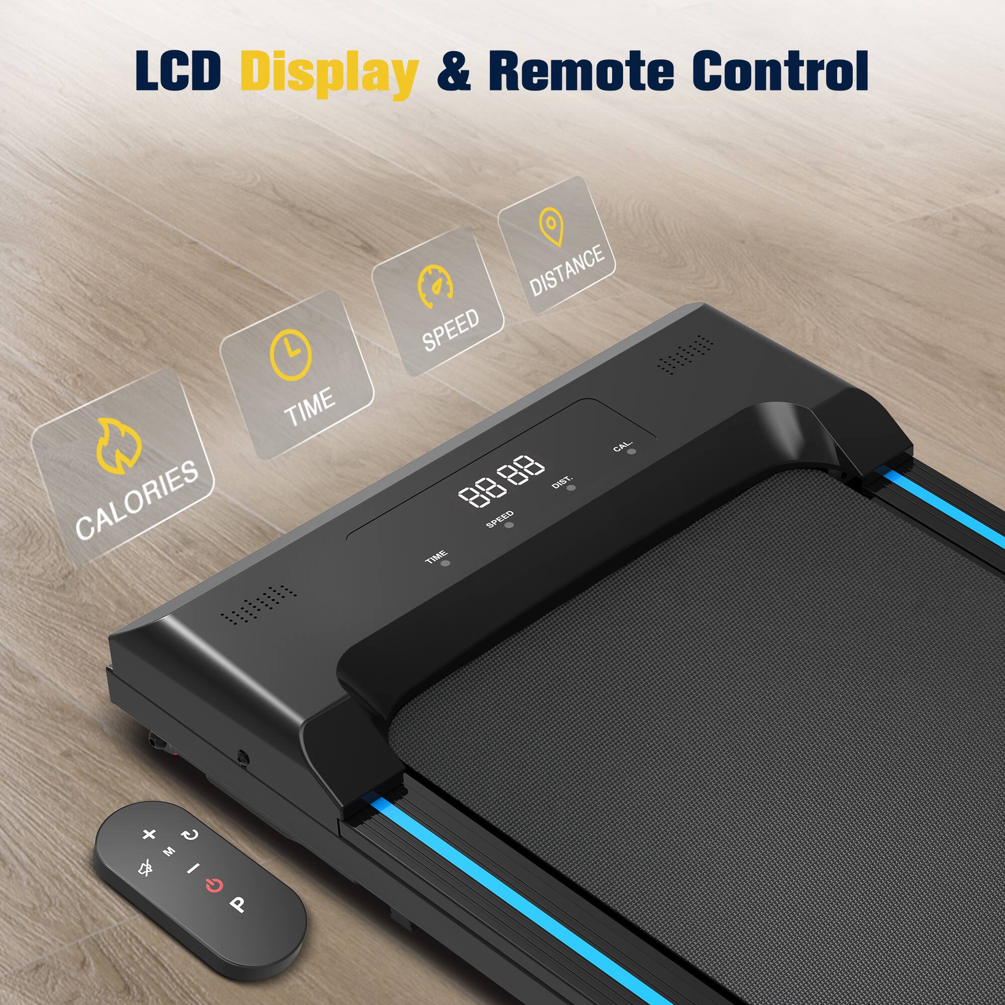 LCD Display & Remote Control, TIME, CALORIES, DISTANCE, SPEED, 88 88, CEY, SPEED, TIME, +, G, M, G, I, G, P