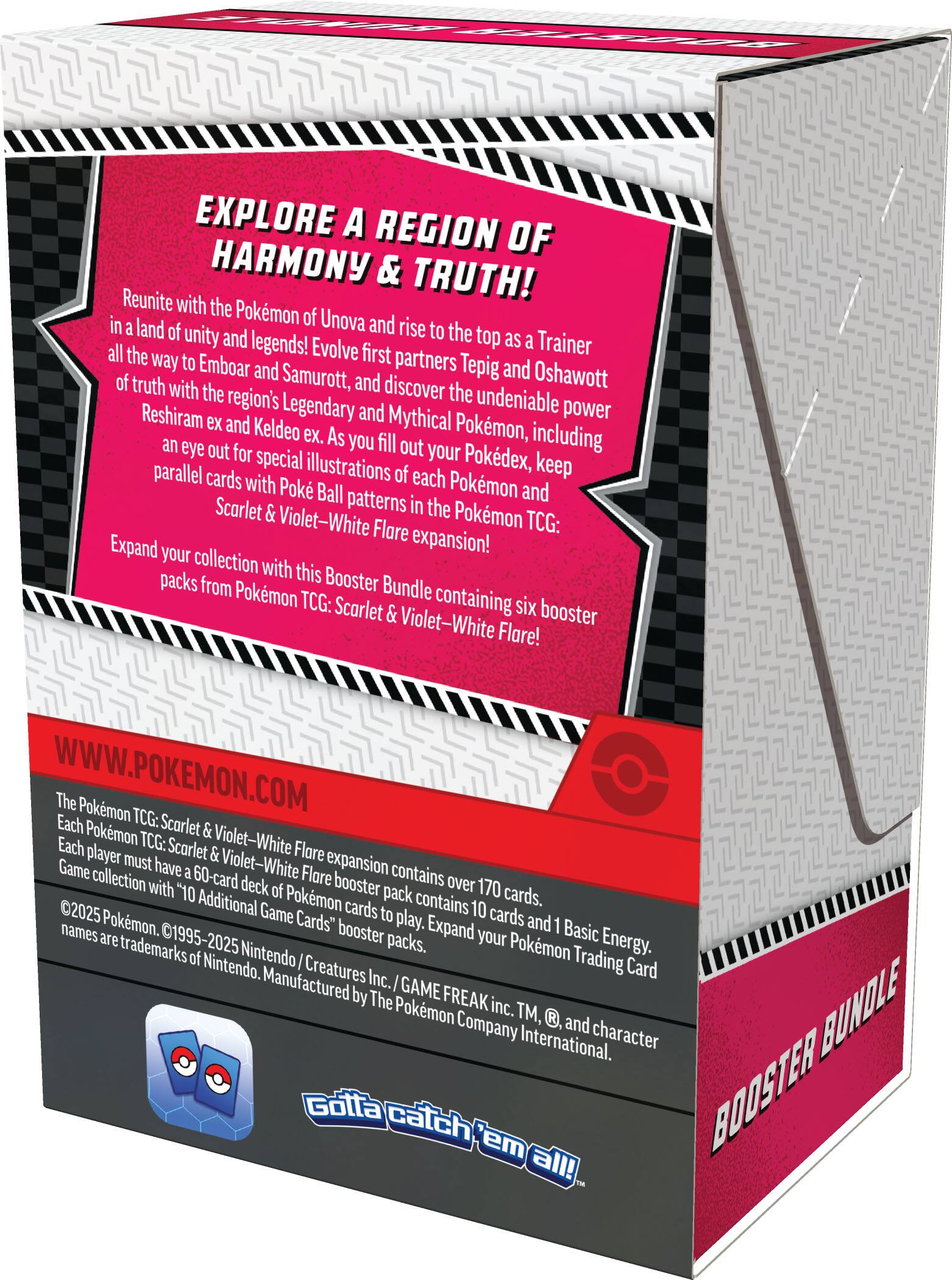 EXPLORE A REGION OF HARMONY & TRUTH! Reunite with the Pokemon in the Unova region and a land of unity, rise to the top as a Legendary Trainer, and discover the region's Legendary and undeniable power with Reshiram and Keldeo, Mythical Pokemon. As you fill out your Pokedex, keep an eye out for special parallel cards with unique illustrations of each Pokemon and collect Poke Ball cards from the Pokemon TCG: Scarlet & Violet-White Flare expansion. Each booster pack contains six cards, and the expansion contains over 170 cards. Each player must have a 60-card deck of Pokemon cards to play the game.