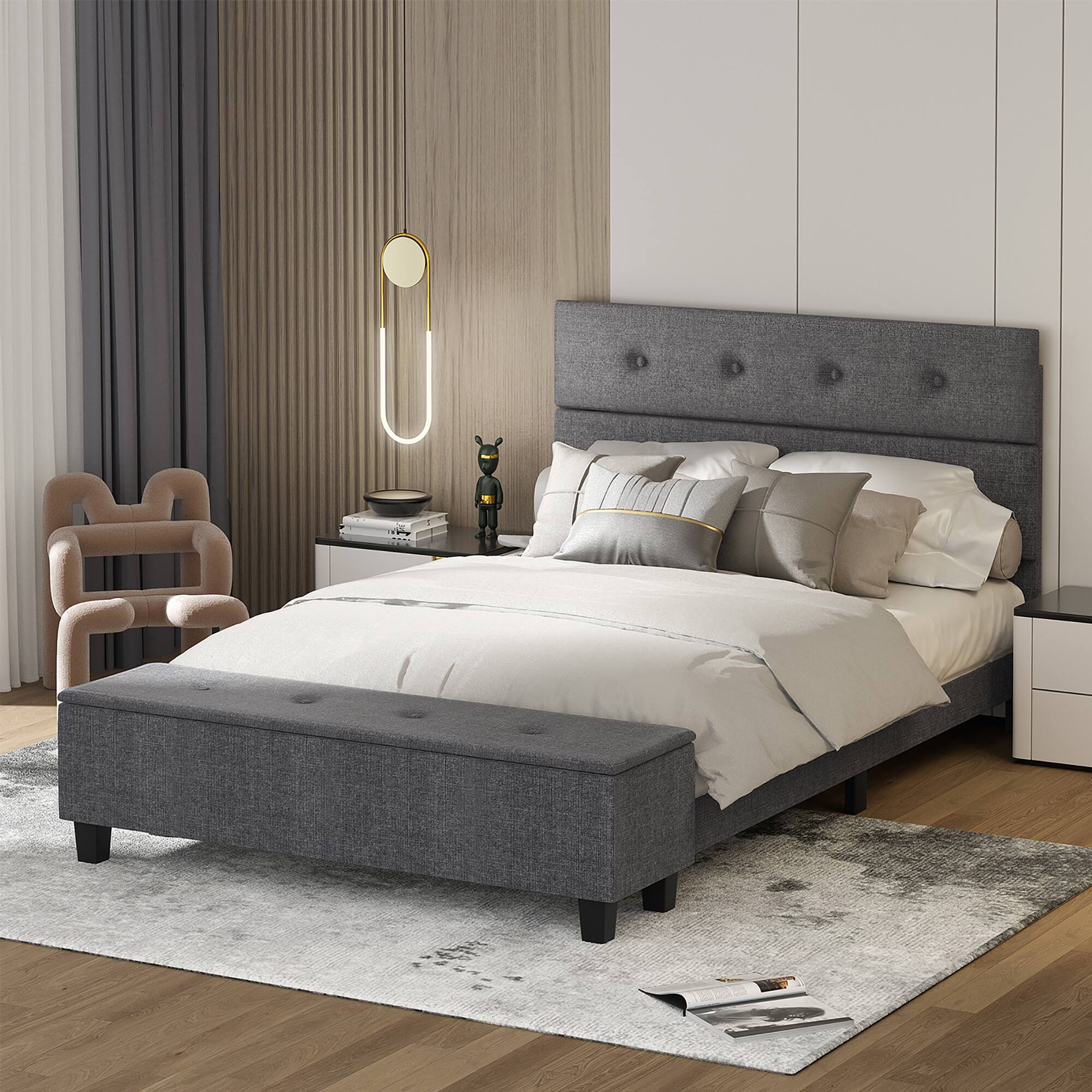 Alt View 1. Costway - Costway Full Upholstered Bed Frame with Ottoman Storage Linen Button Tufted Headboard - Gray.