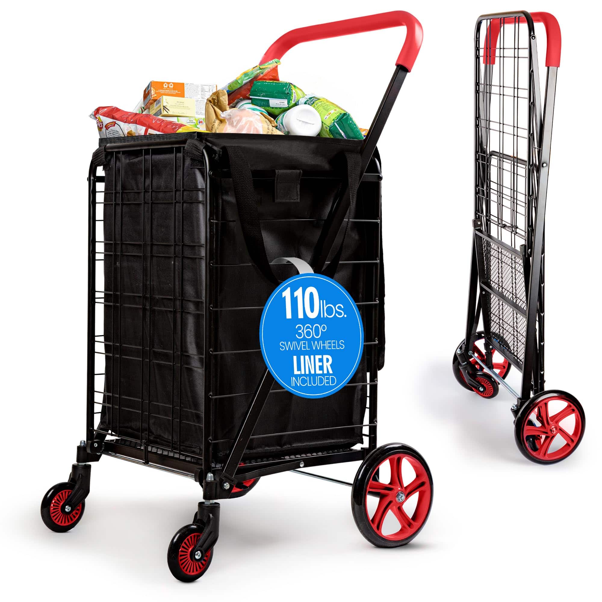SereneLife - Large Folding Shopping Cart – 110 lb Capacity, 360° Swivel Wheels, Removable Liner - Red price history on PriceWatchPro