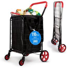 SereneLife - Large Folding Shopping Cart – 110 lb Capacity, 360° Swivel Wheels, Removable Liner - Red