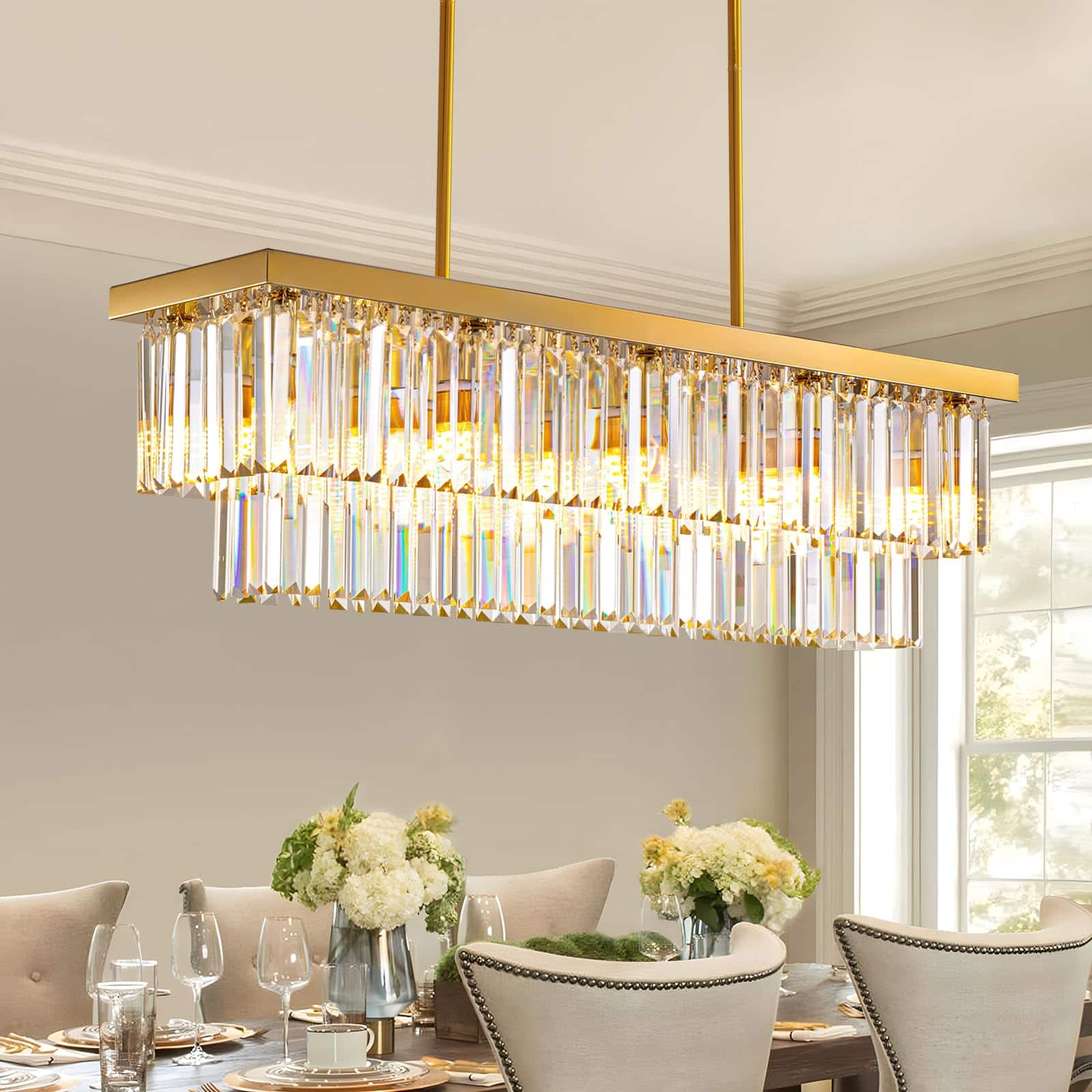 Front. Siljoy - 10-Light Gold Crystal Raindrop Chandelier, 2-Tier for Dining/Kitchen - Gold.