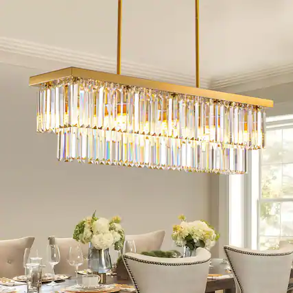 Front. Siljoy - 10-Light Gold Crystal Raindrop Chandelier, 2-Tier for Dining/Kitchen - Gold.