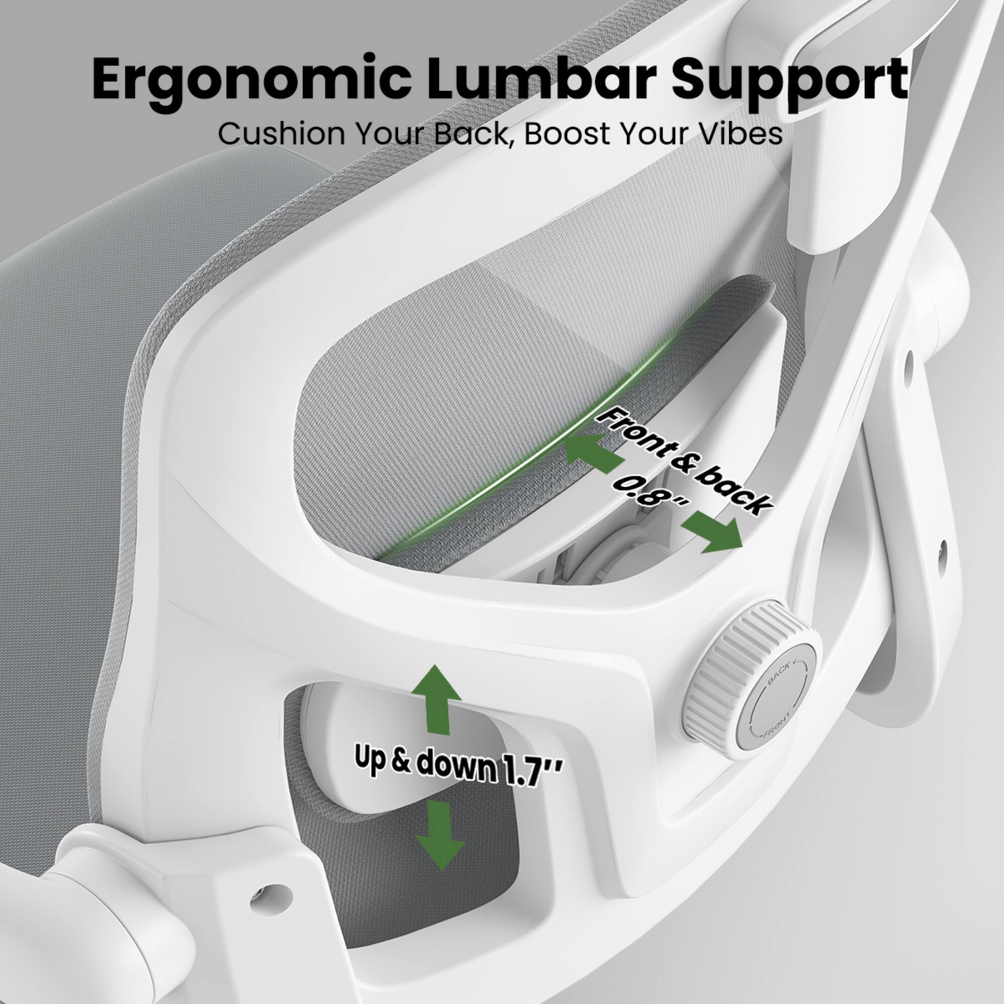 Ergonomic Lumbar Support  
Cushion Your Back, Boost Your Vibes  

Front & back 0.8"  
Up & down 1.7"
