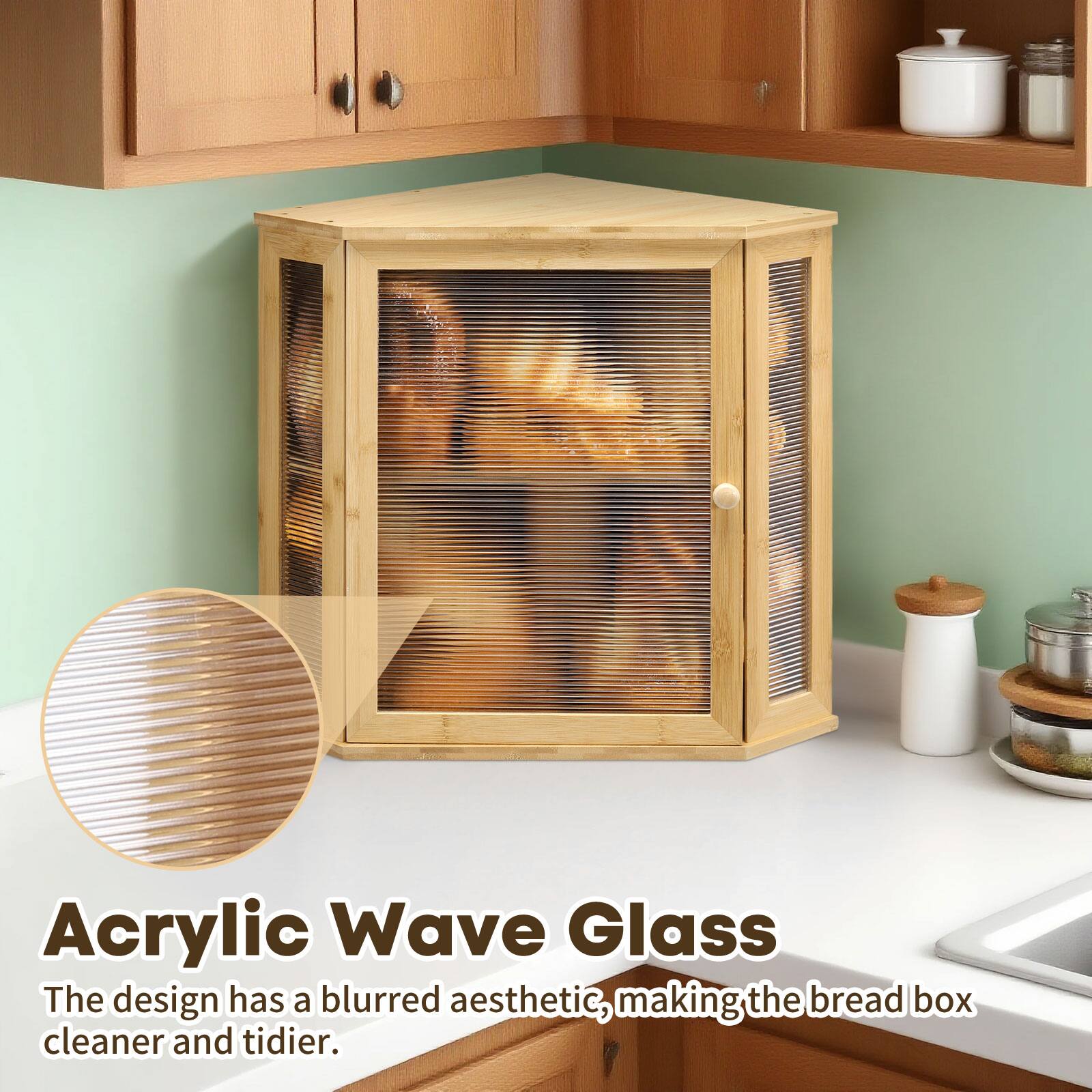 Acrylic Wave Glass  
The design has a blurred aesthetic, making the bread box cleaner and tidier.