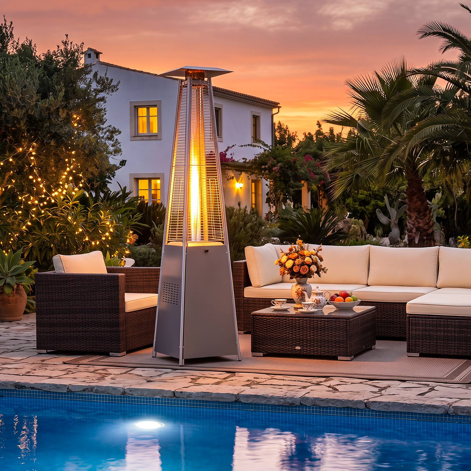 Alt View 4. Costway - Costway 45000 BTU Pyramid Patio Heater with Zippered Cover,Triple Safety Protection,Wheels - Gray + Silver.