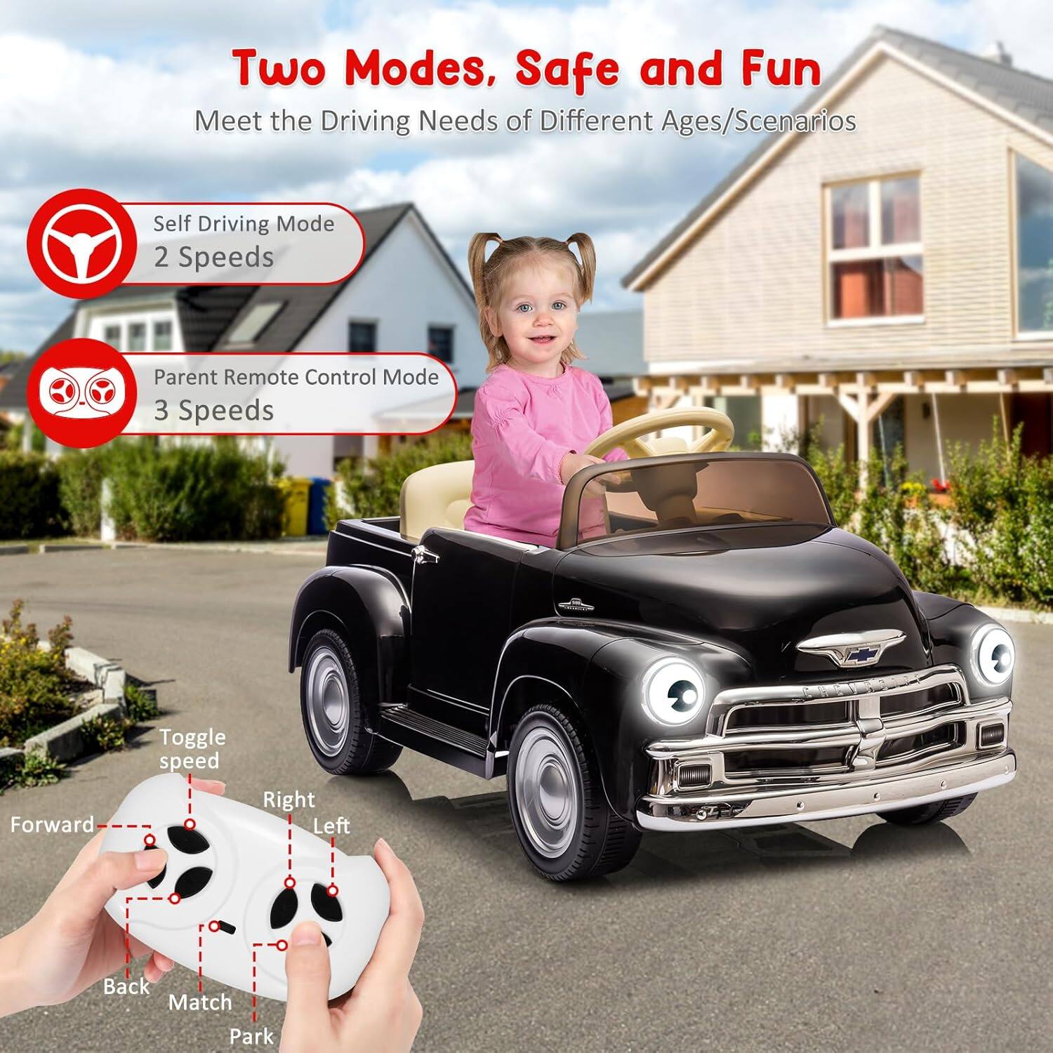 Two Modes, Safe and Fun  
Meet the Driving Needs of Different Ages/Scenarios  

Self Driving Mode  
2 Speeds  

Parent Remote Control Mode  
3 Speeds  

Toggle speed  
Forward  
Right  
Left  
Back  
Match  
Park
