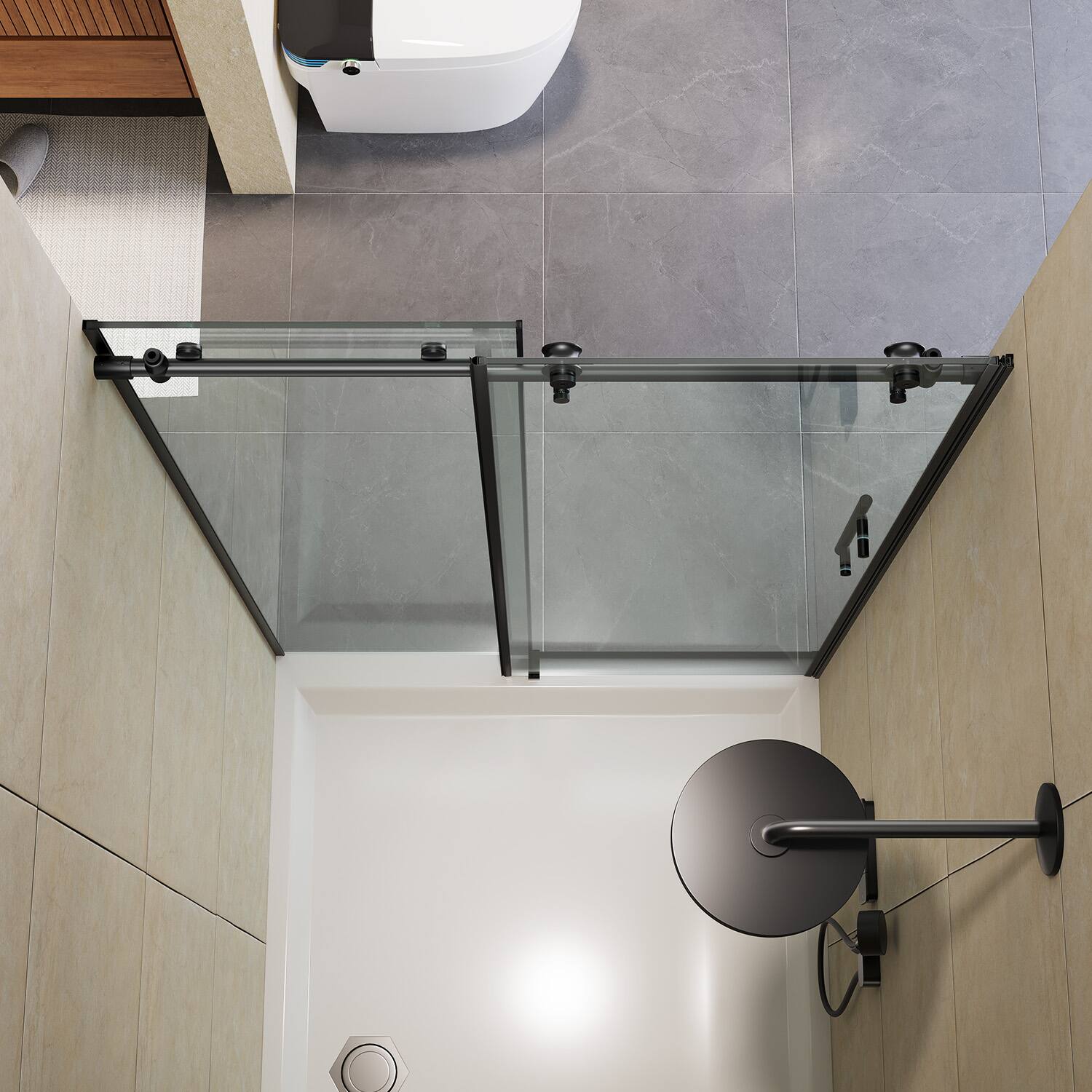 Back. Koligey - 44-48" W x 76 "H Semi-Frameless Sliding Shower Door-10 mmTempered Glass,Stainless Steel Anti-Rust Hardware - black.