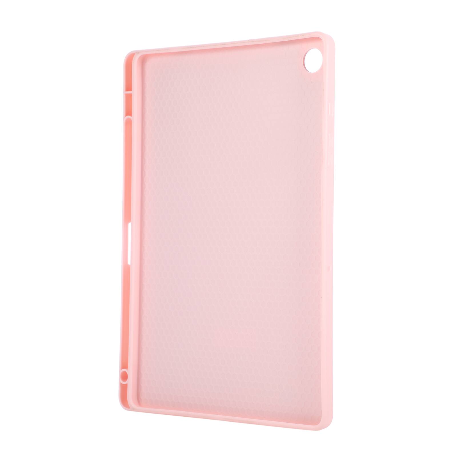 Angle. Dteck - Shockproof Case for Samsung Galaxy Tab A11+ with Hand Strap and Foldable Kickstand, PU Leather TPU Protective Cover - Pink.