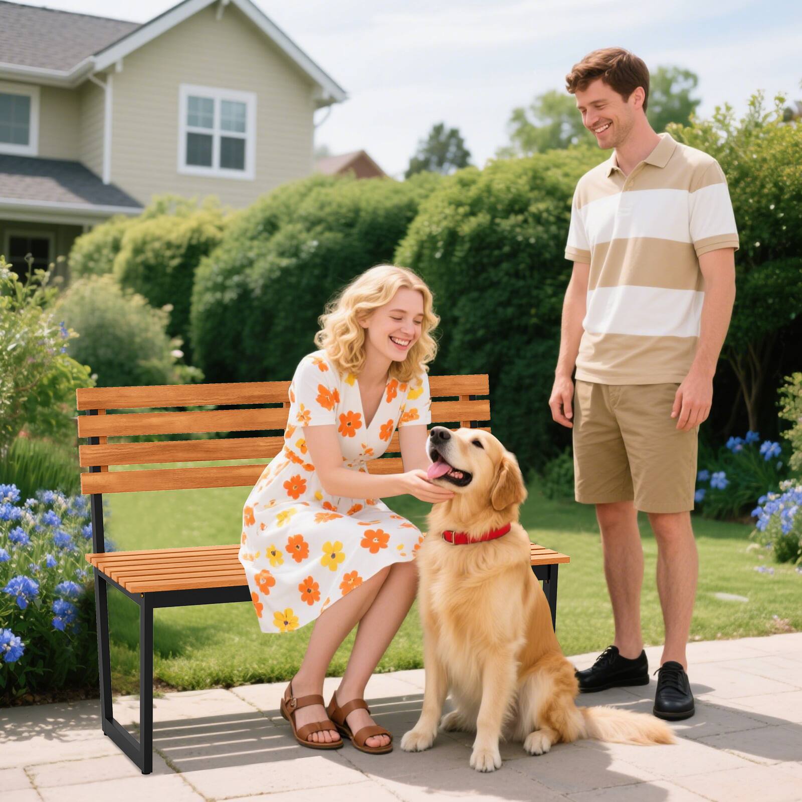 Alt View 1. Gymax - Gymax Outdoor Bench Acacia Wood Patio Loveseat w/ Backrest & Heavy Duty Metal Frame Black - Black.