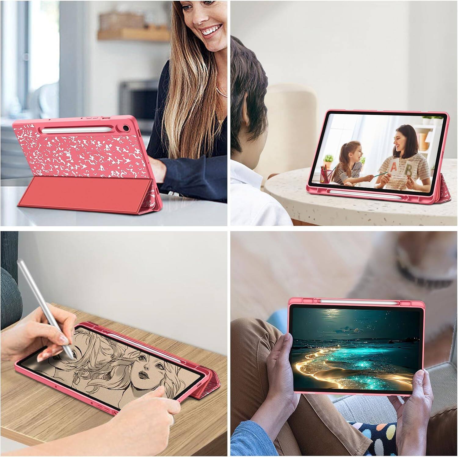 Alt View 2. Fintie - Slim TPU Case for Samsung Galaxy Tab S10 Lite/Tab S10 FE/Tab S9 FE/Tab S9, Tri-Fold Viewing Stand Cover, Auto Sleep Wake - Composition Book Pink.