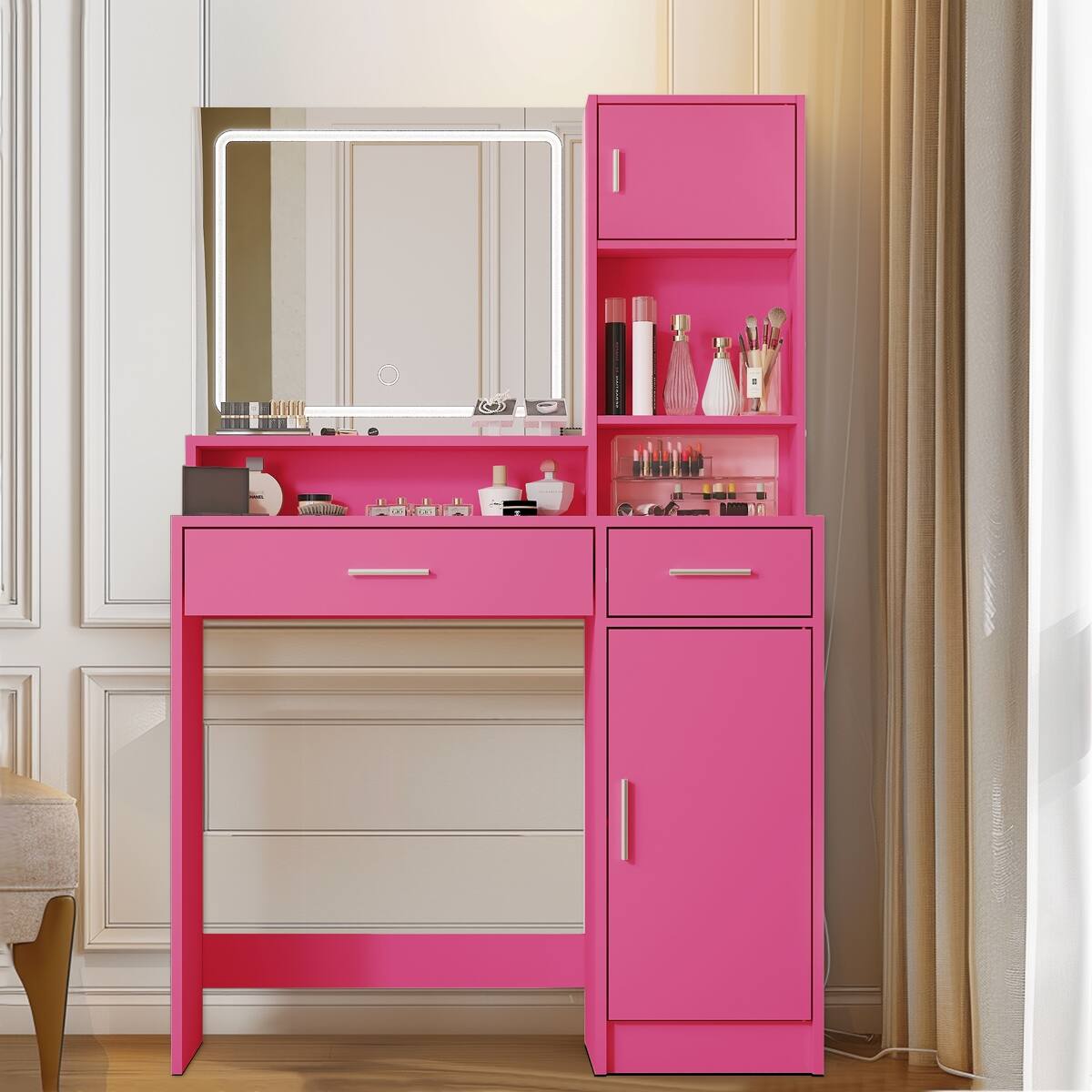 Alt View 1. Loheer - Loheer Makeup Desk with LED Mirror, Rose Pink Vanity with Large Drawer and Three-Level Storage - Rose Pink.