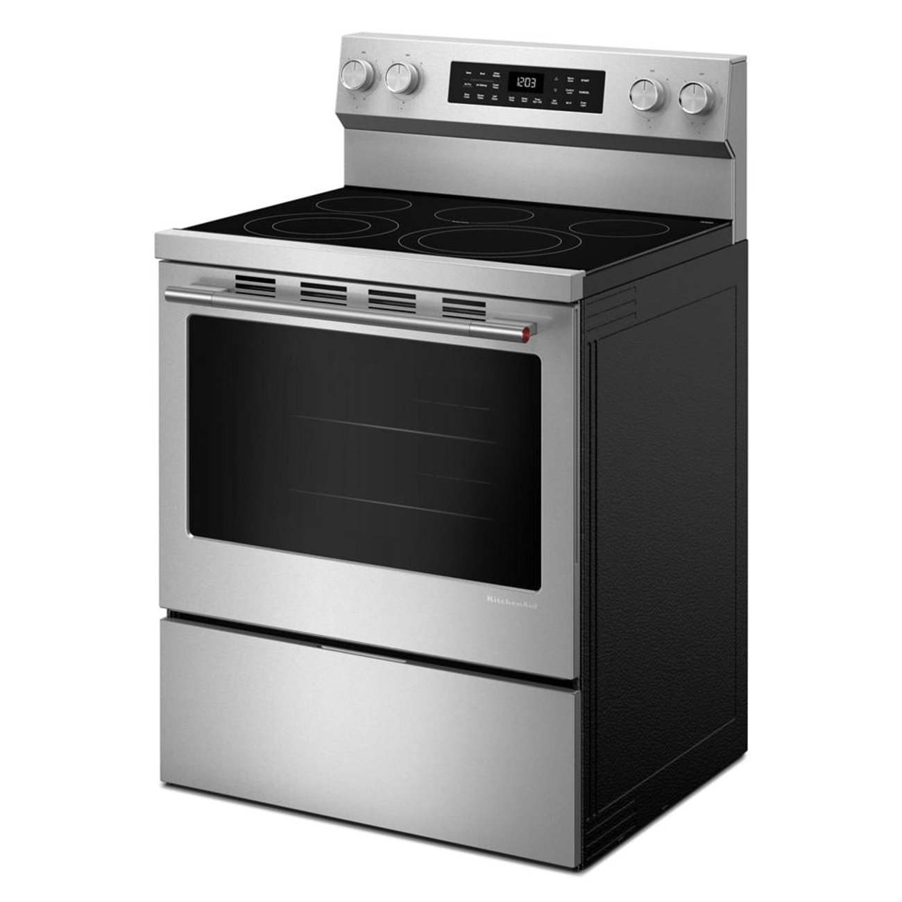 Left. KitchenAid - 30 in. Wide 5 elements 5.3 cu. ft. Smart Freestanding Electric Range with Convection Cooking Modes - PrintShield Stainless Finish.