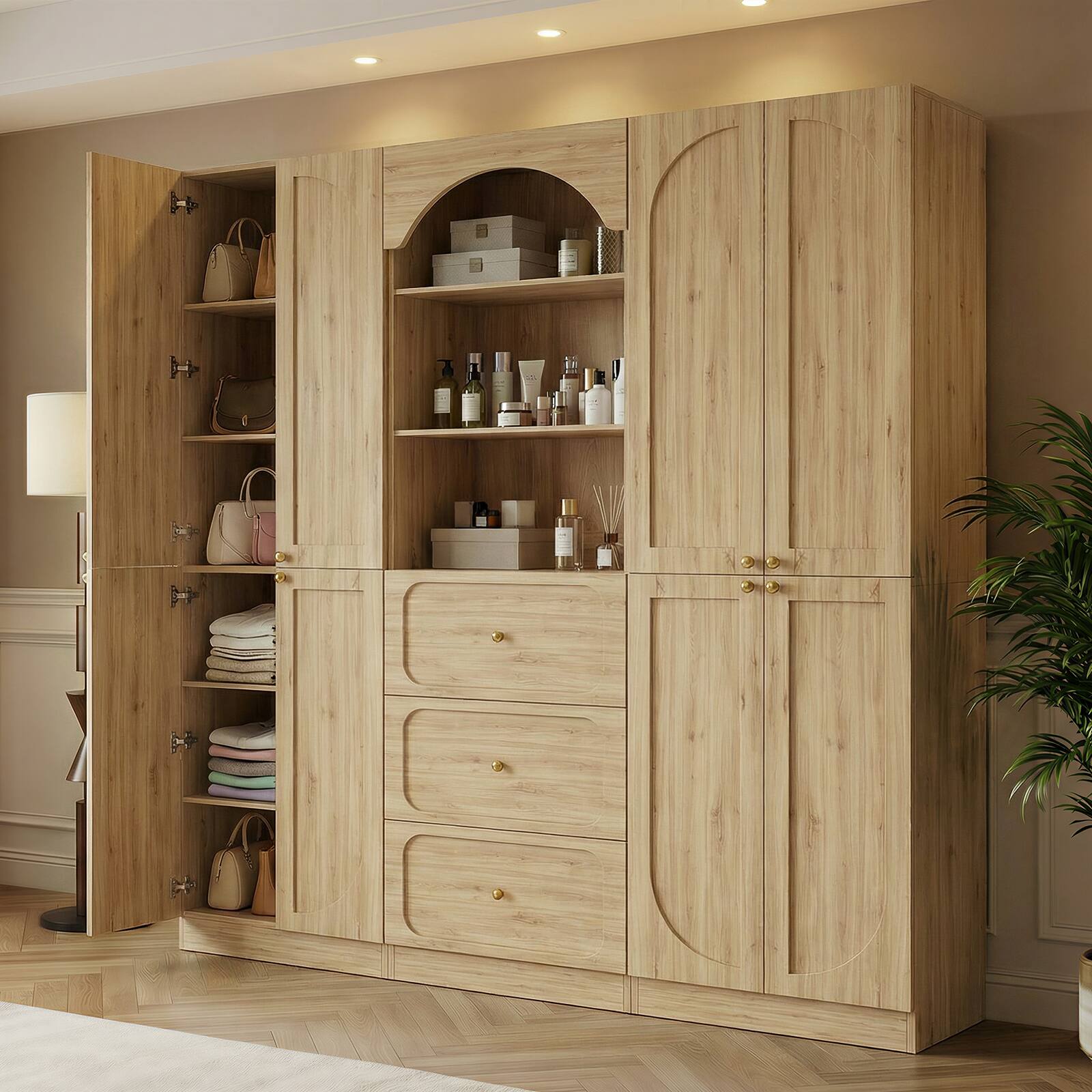 Left. Aheaplus - 80" Arched Kitchen Pantry Sets: Wooden Cupboard, 3 Drawers, 9-Tier Shelves, Kitchen/Living Room ,Ships in 2 Packages - Natural Oak.