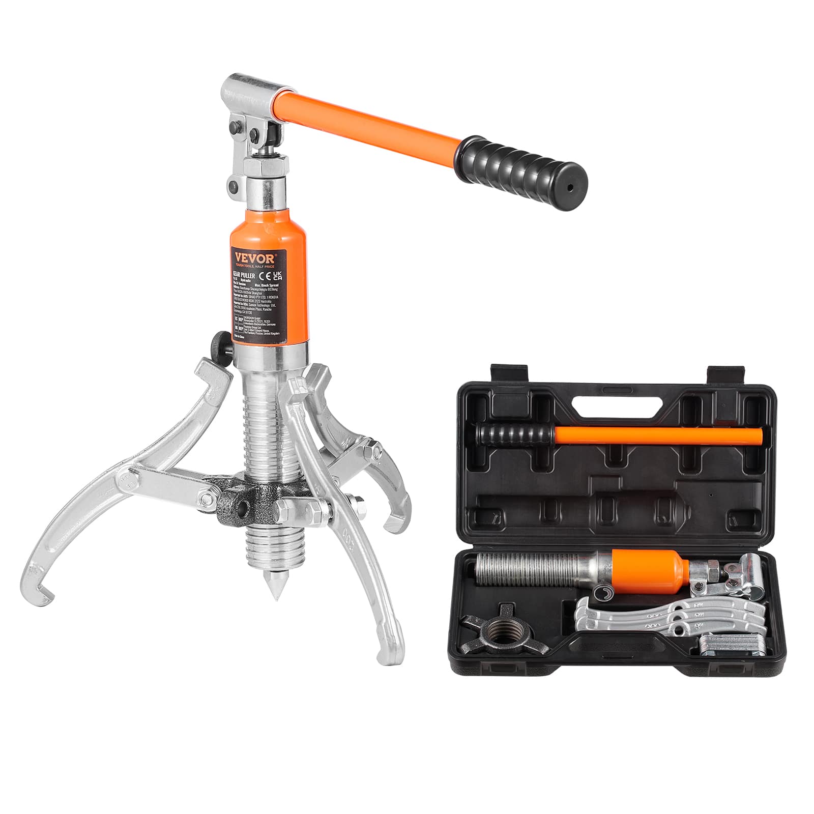 VEVOR - Hydraulic Gear Puller, 5 Ton Max Capacity Wheel Bearing Pulling Separator, 2 or 3 Jaws Puller - Silver + Orange