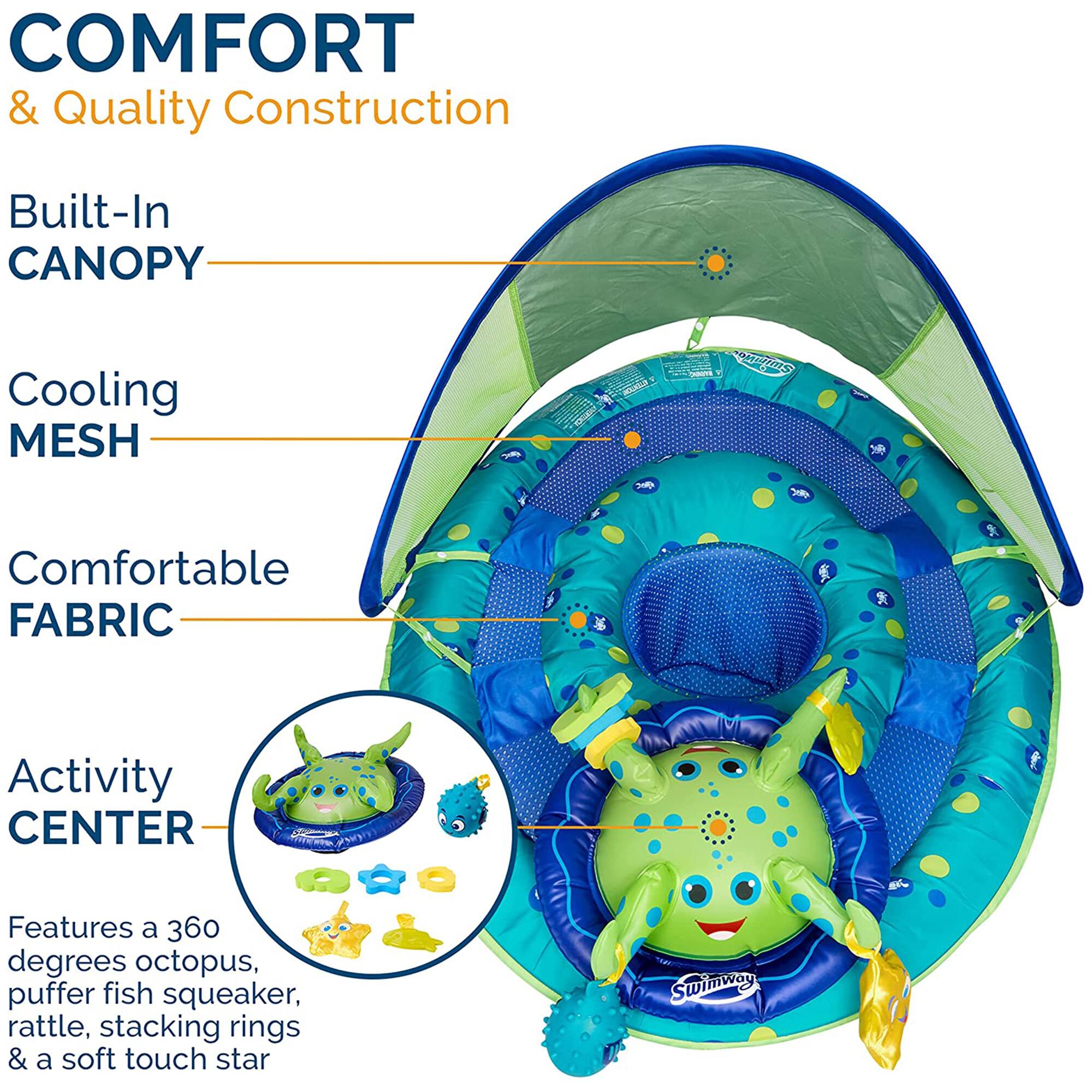COMFORT & Quality Construction  
Built-In CANOPY  
Cooling MESH  
Comfortable FABRIC  
Activity CENTER  
Features a 360 degrees octopus, puffer fish squeaker, rattle, stacking rings & a soft touch star