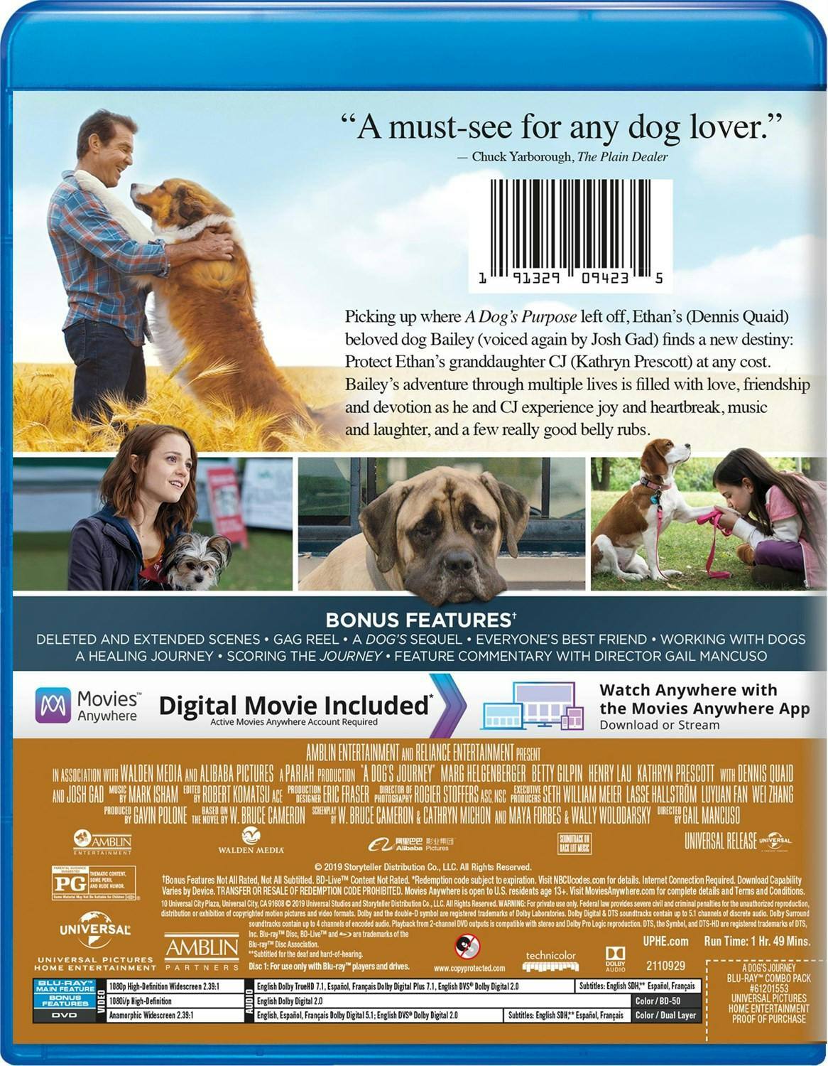 Back. A Dog's Journey (DVD + Digital) [Blu-ray].