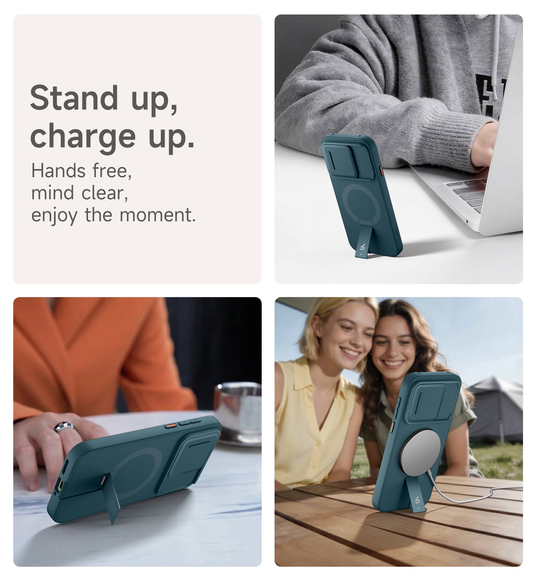 Stand up, charge up.  
Hands free, mind clear, enjoy the moment.