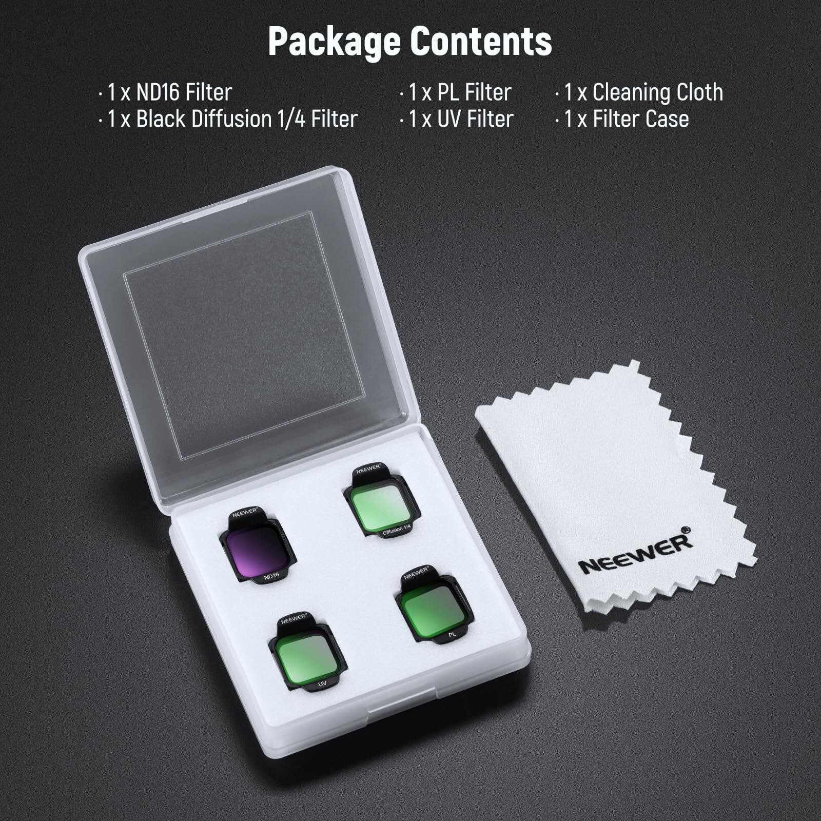 1. Package Contents
   - 1 x ND16 Filter
   - 1 x Black Diffusion 1/4 Filter
   - 1 x PL Filter
   - 1 x UV Filter
   - 1 x Cleaning Cloth
   - 1 x Filter Case