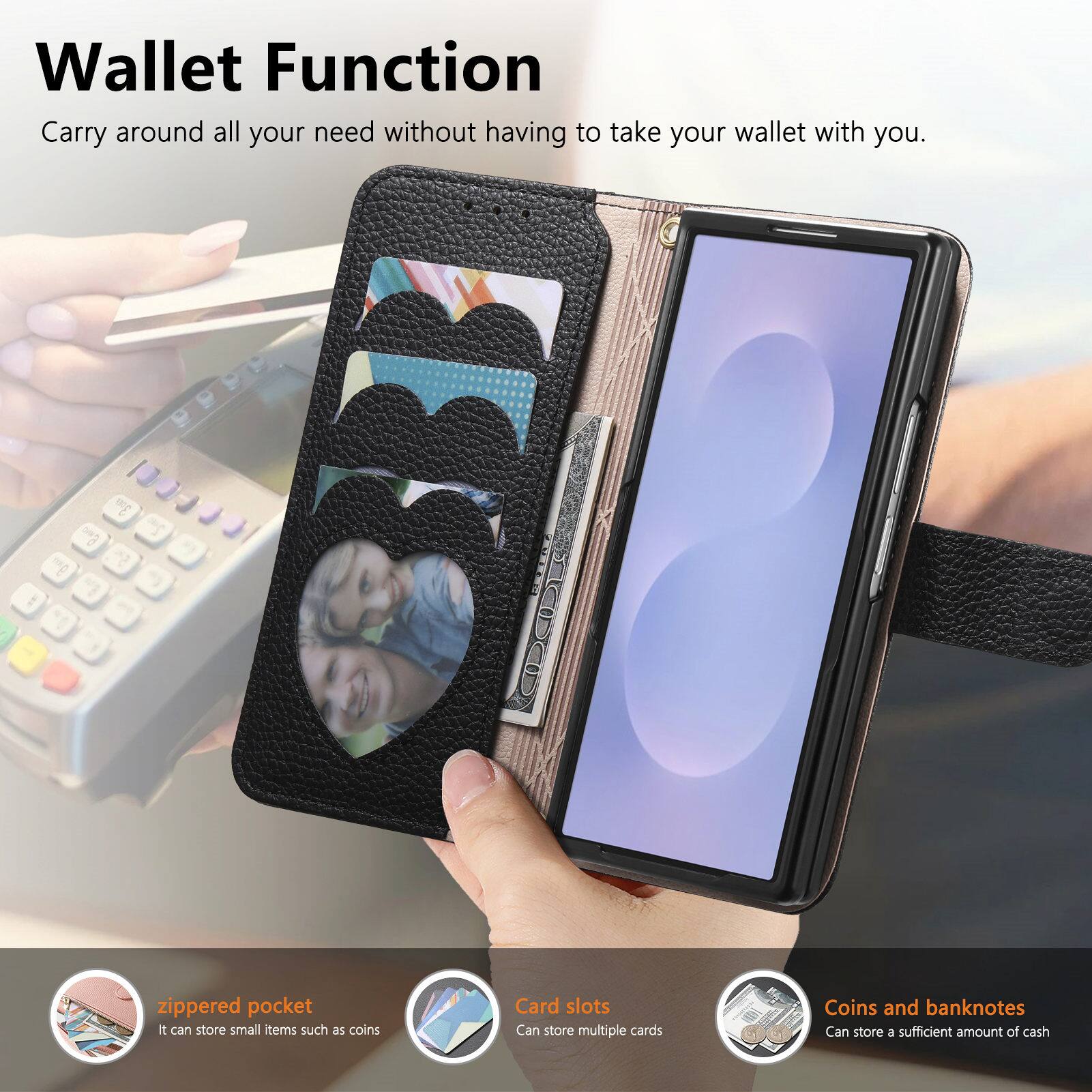 Wallet Function  
Carry around all your need without having to take your wallet with you.  

3000 BANC N gen zippered pocket  
Card slots  
Coins and banknotes  

It can store small items such as coins  
Can store multiple cards  
Can store a sufficient amount of cash