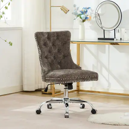 Front. Trinkets Crazed - Home Office Chair with Wheels & Silver Base,Chenille Fabric Makeup Vanity Chair with Tufted Back, Swivel Desk Chair - Gray.