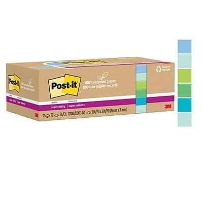 Post-it  
100% recycled paper  
100% de papier recyclé  

Super sticky  
Super collant  

3M  

7 pads  
7 pochoirs  

3" x 3" (76 x 76 mm)  
3" x 3" (76 x 76 mm)  

EA  
EA  

TOTAL CONT  
TOTAL CONT