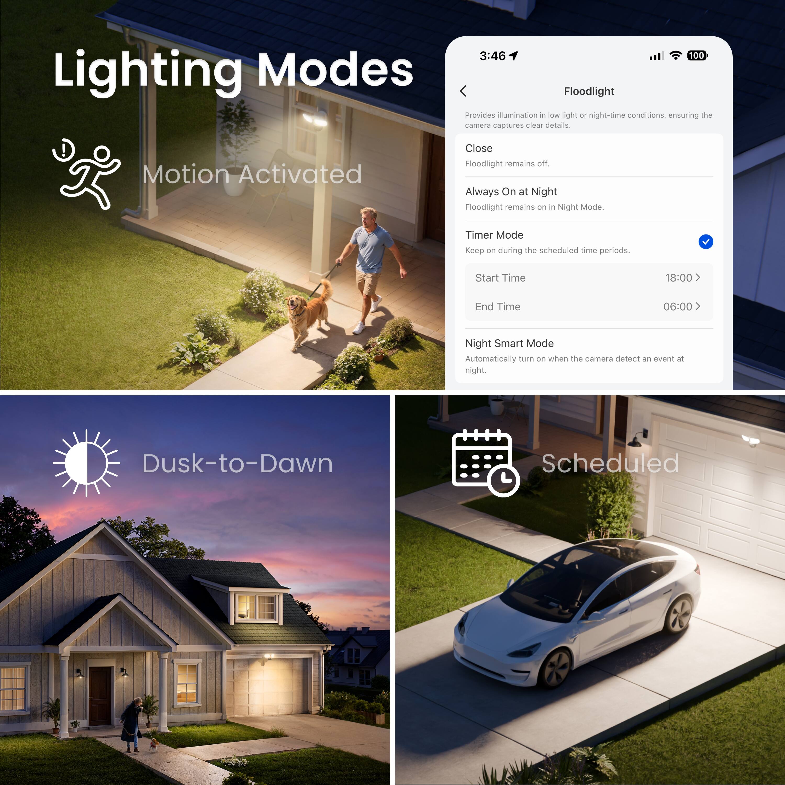 Lighting Modes

Motion Activated

Provides illumination in low light or night-time conditions, ensuring the camera captures clear details.

Close
Floodlight remains off.

Always On at Night
Floodlight remains on in Night Mode.

Timer Mode
Keep on during the scheduled time periods.
Start Time 18:00
End Time 06:00

Night Smart Mode
Automatically turn on when the camera detects an event at night.

Dusk-to-Dawn

Scheduled