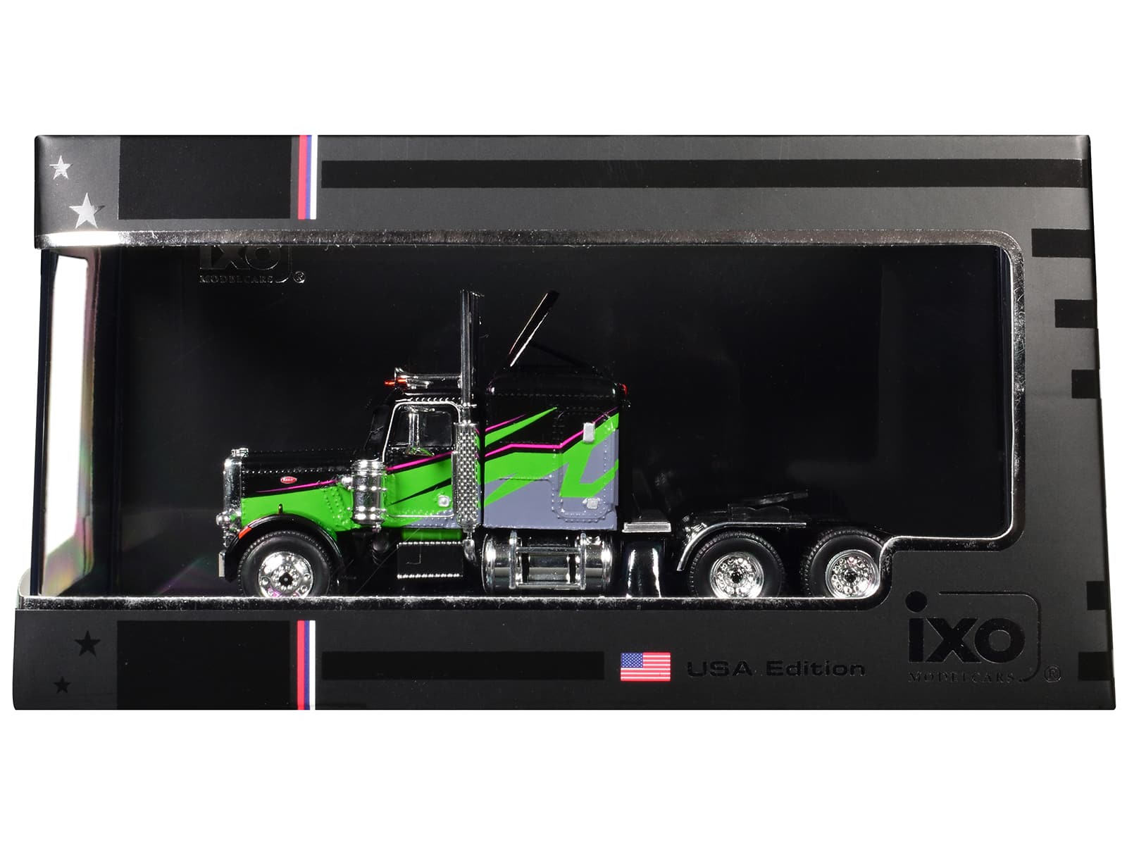 1973 Peterbilt 359 Truck Tractor with Graphics 1/64 Diecast Model by IXO Models - Black and Lime Green