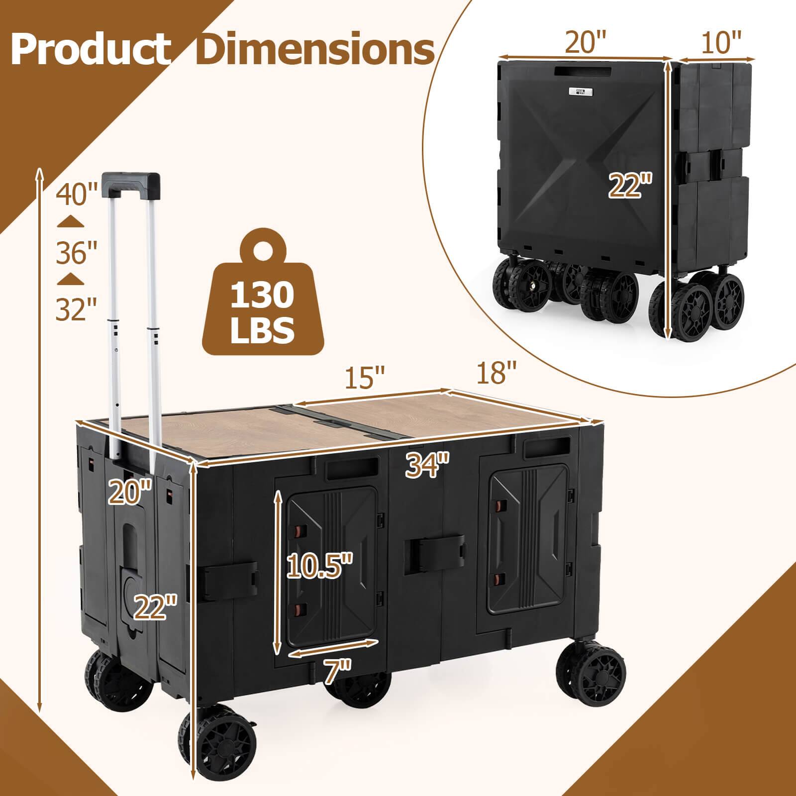 Product Dimensions

- 40" (Height)
- 36"
- 32"
- 130 LBS
- 15" (Handle Height)
- 18"
- 20" (Width)
- 10.5" (Depth)
- 7" (Height of the lower section)
- 34" (Length)
- 22" (Height of the lower section)
- 20" (Width of the lower section)
- 10" (Depth of the lower section)