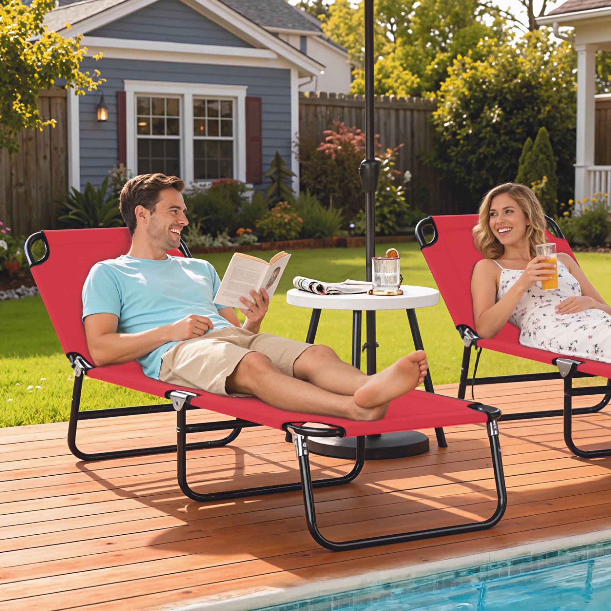 Alt View 1. Outsunny - Folding Chaise Lounge Pool Chairs, Outdoor Sun Tanning Chairs with 5-Level Reclining Back, Steel Frame for Beach - Red.