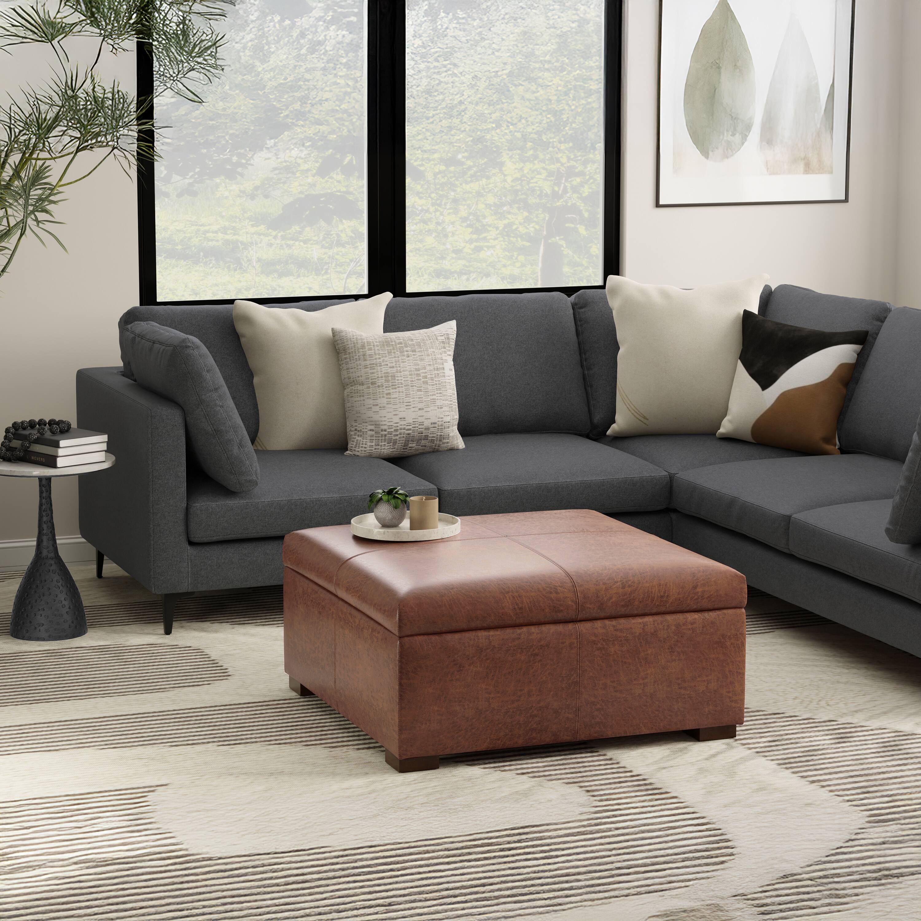 Left. Simpli Home - Gabbie 36 inch Wide Square Coffee Table Storage Ottoman in Distressed Saddle Brown Vegan Leather - Distressed Saddle Brown.