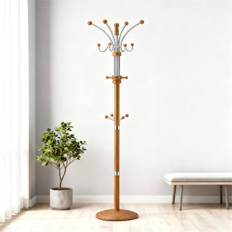Angle. ALEXOUN - 73" Chrome & Oak Coat Rack - Composite Wood Standing Hanger, 60 lbs Capacity, 19" Base, 1pc - Oak.