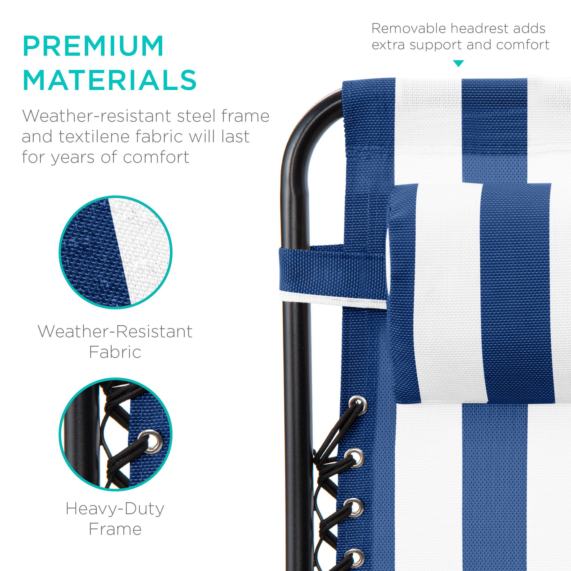 **PREMIUM MATERIALS**

- Weather-resistant steel frame and textilene fabric will last for years of comfort
- Removable headrest adds extra support and comfort

**Weather-Resistant Fabric**

**Heavy-Duty Frame**