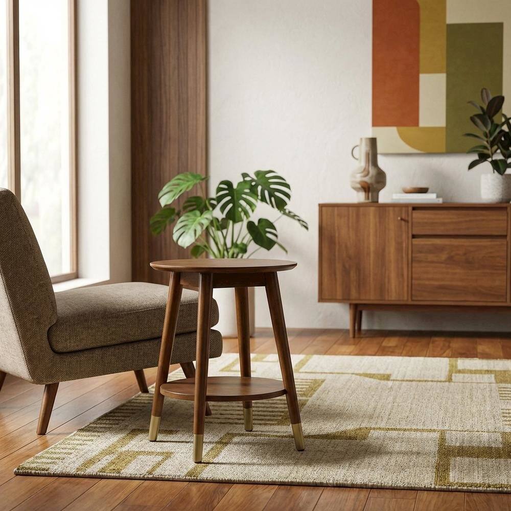 Back. FurniFact - Round Mid Century End Table with Bottom Shelf for Living Room - Brown.