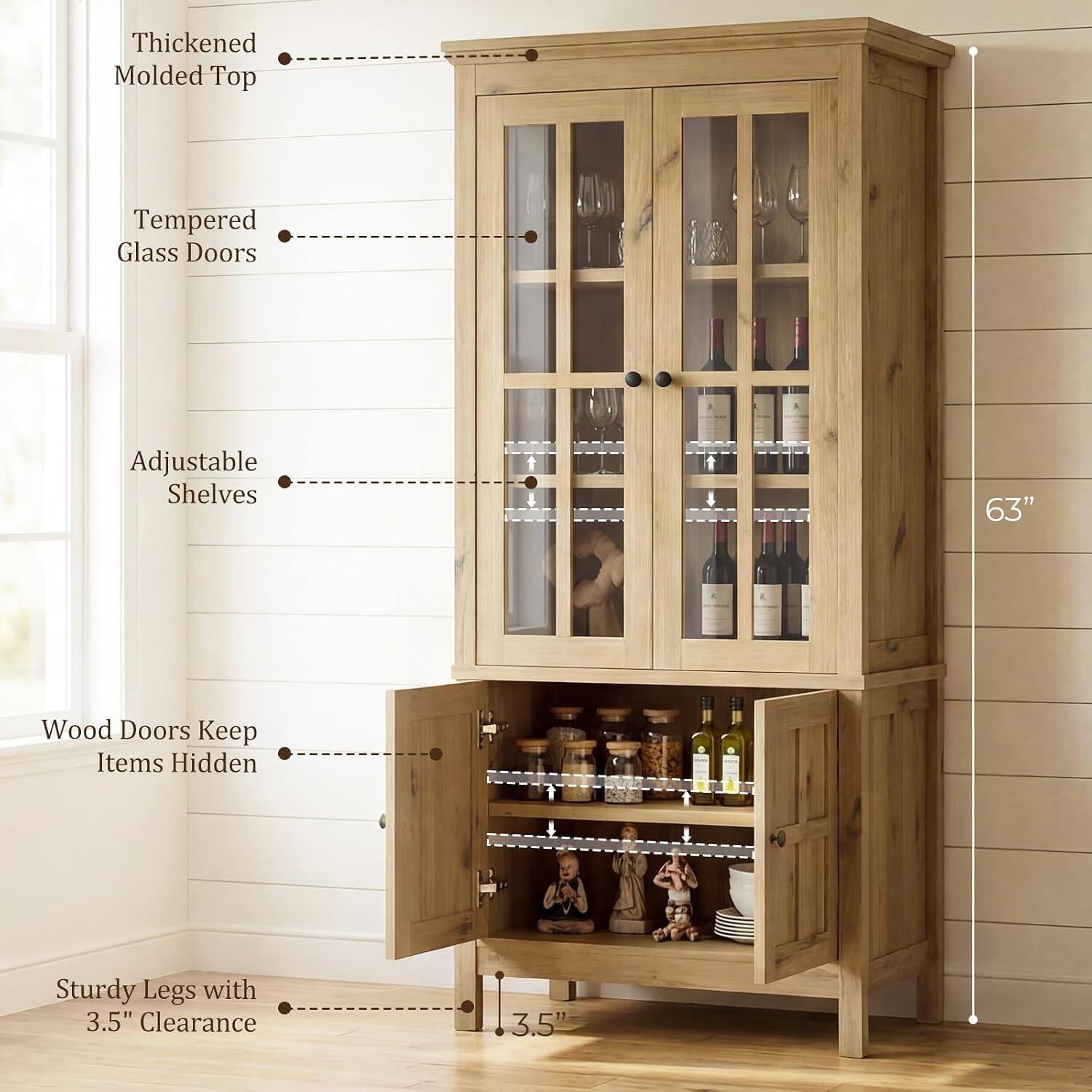 Thickened Molded Top Tempered Glass Doors Adjustable Shelves 63" Wood Doors Keep Items Hidden Sturdy Legs with 3.5" Clearance