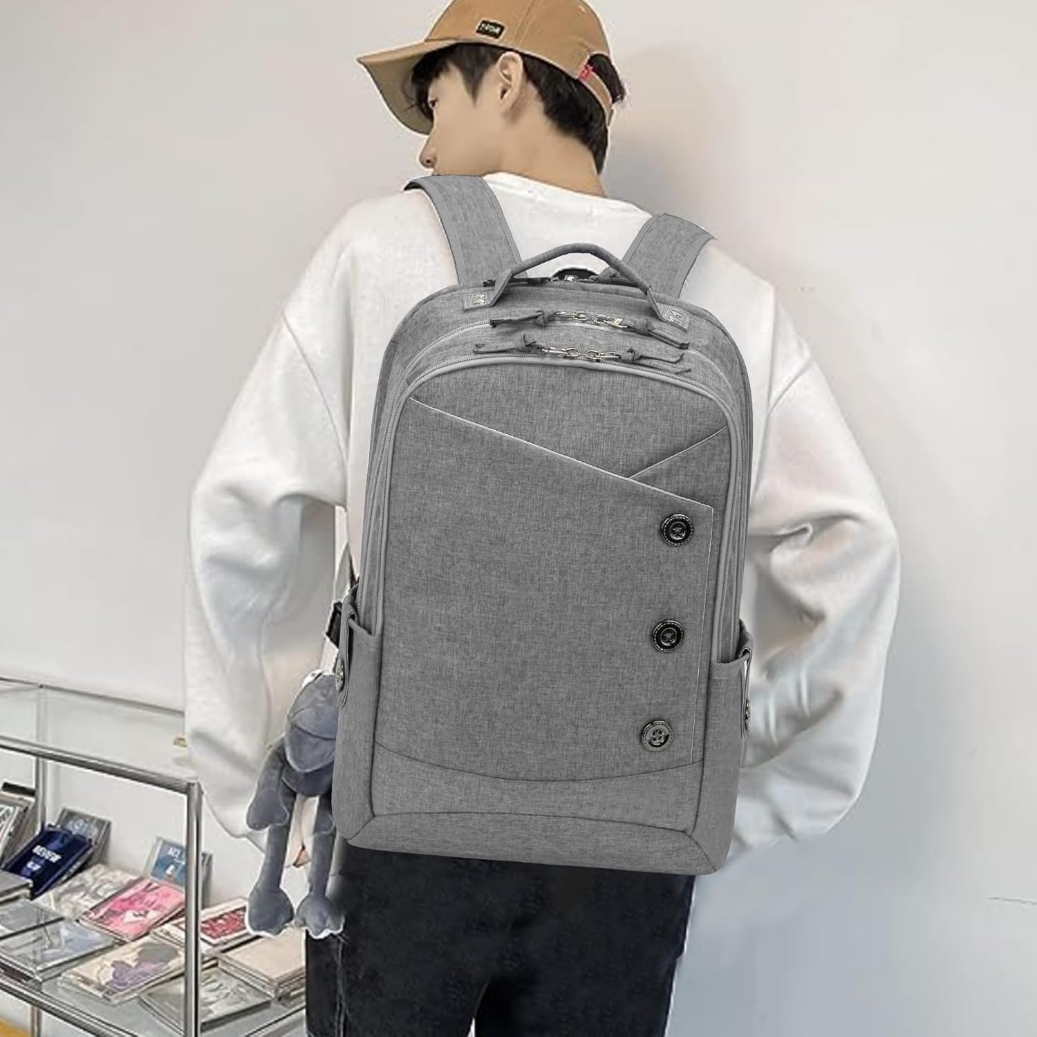 Alt View 6. Wikistore - WIKISTORE 15.6 Inch Laptop Backpack Women Stylish Buttons Water Resistant USB Port College Travel Grey - Grey.