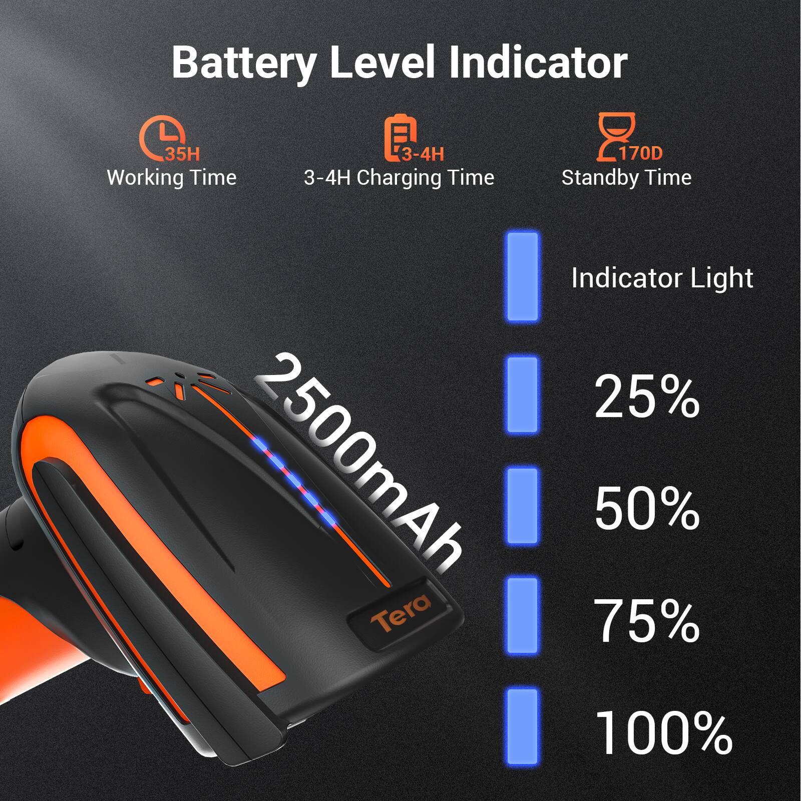 Battery Level Indicator  
- Working Time: 35H  
- Charging Time: 3-4H  
- Standby Time: 170D  
- Indicator Light: 25%  
- Battery Capacity: 2500mAh  
- Levels: 25%, 50%, 75%, 100%