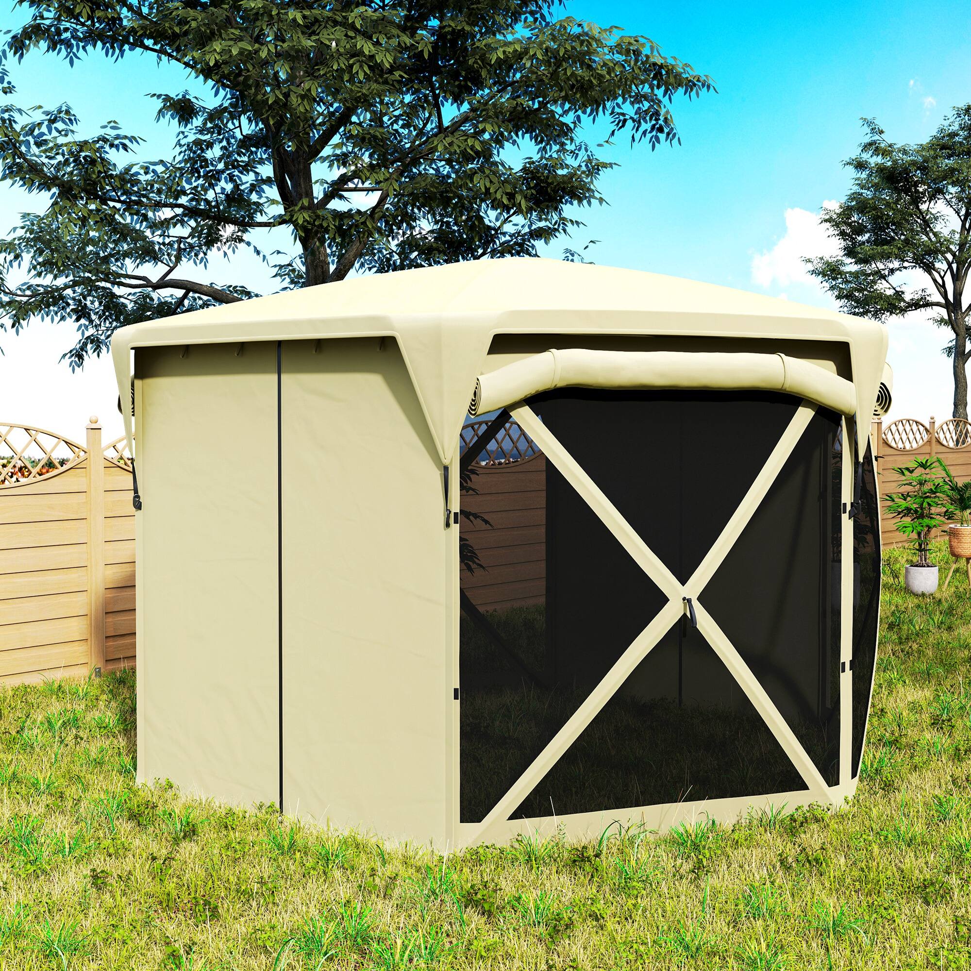 Alt View 4. Outsunny - Pop Up Gazebo Screen Tent House, 11 x 11ft with UPF30+ Removable Roof Cover, 4 Roll-up Wind Panels and Carry Bag - Beige.