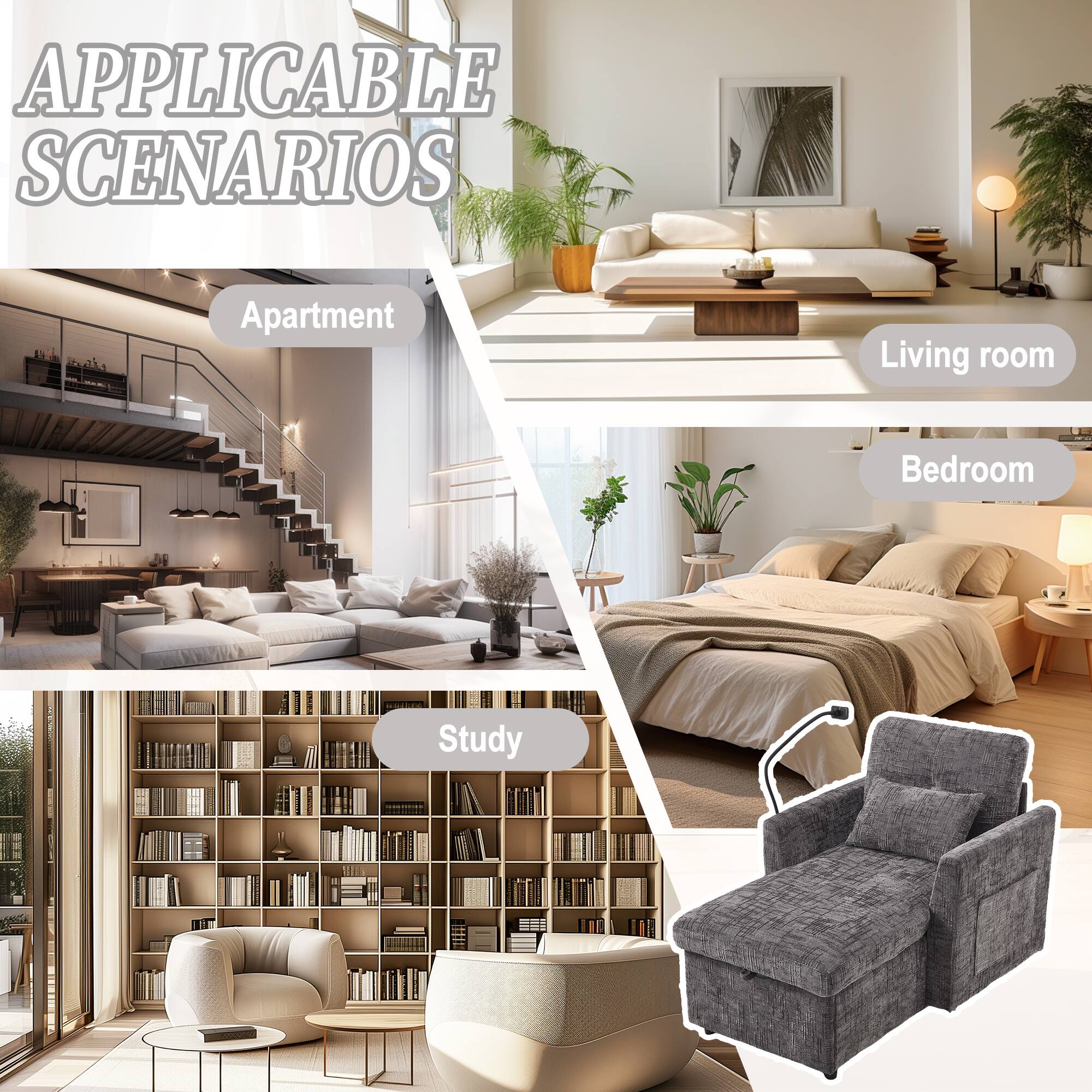 APPLICABLE SCENARIOS

- Apartment
- Living room
- Bedroom
- Study