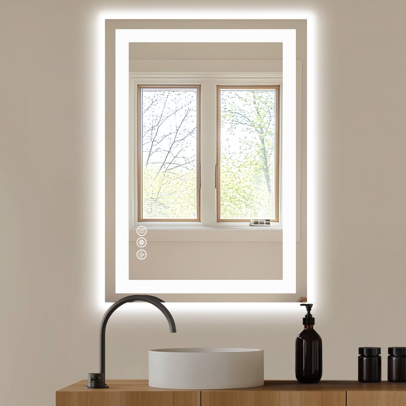 Angle. AENKYO - 24"x32" LED Bathroom Mirror with Anti-fog Dual Light Dimmable Wall Mirror - White.