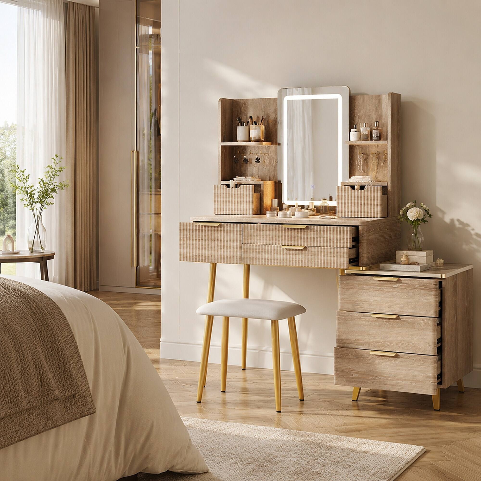 Angle. RYHNUYNE - 7-Drawer Vanity Desk, LED Mirror, Fluted Panels, Metal Legs, PU Stool, Jewelry Storage - Yellow Brown.