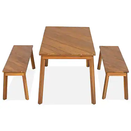 Front. Whisen - 3-Piece Solid Acacia Wood Dining Set with Table and Two Benches for Patio, Porch & Garden - Natural.