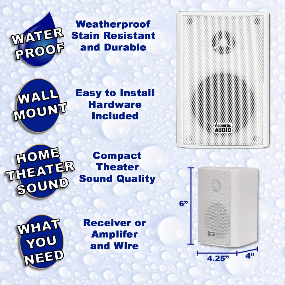 - Weatherproof
- Stain Resistant and Durable
- Easy to Install
- Wall Mount Included
- Compact Theater
- Sound Quality
- Home Theater Sound
- Receiver or Amplifier and Wire
- What You Need
- 6"
- 4.25"
- 4"