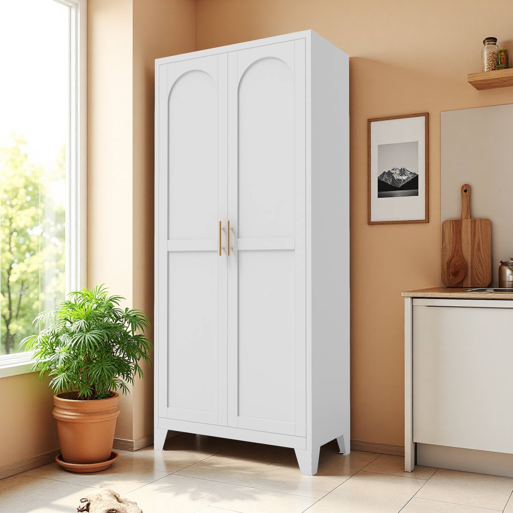 Back. Spaco - Spaco 71 Inch Shapely Metal Storage Door Cabinet With Lock and Adjustable Shelves, for Kitchen Living Dining Room - White.